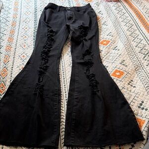Black Distressed Flare Jeans